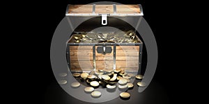 Treasure chest filled with golden coins against black background. 3d illustration