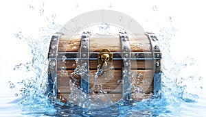 A treasure chest floating on magical water, white background photo