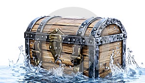 A treasure chest floating on magical water, white background photo