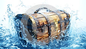 A treasure chest floating on magical water, white background photo