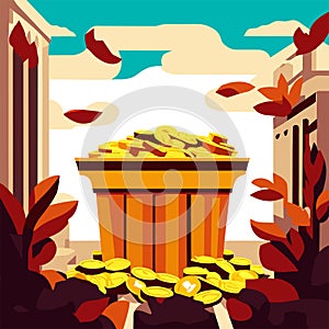 Treasure chest full of gold coins in autumn. Cartoon vector illustration. AI Generated