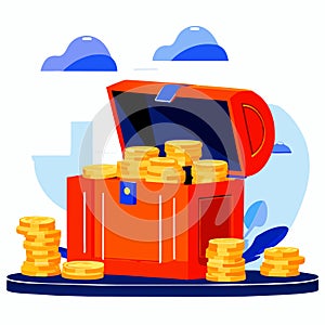 Treasure chest full of gold coins. Vector illustration in flat style Generative AI