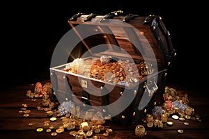 Treasure chest full of gold coins on a wooden table. Generative AI