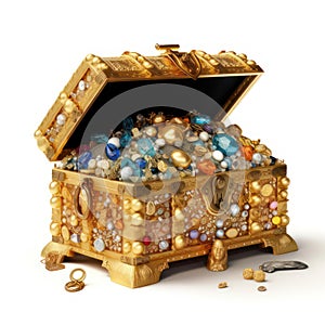 Treasure chest full of gold and jewels isolated on white created with Generative AI