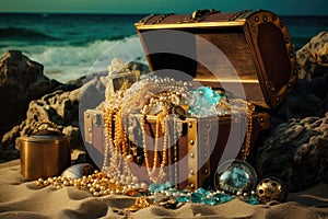 Treasure chest full of jewelry on the beach. Vintage style, An open treasure chest filled with gold and jewelry on the beach, AI