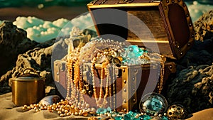 Treasure chest full of jewelry on the beach. Vintage style, An open treasure chest filled with gold and jewelry on the beach, AI