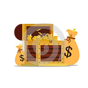 Treasure chest full stack of gold coin and sack of gold. Vector flat illustration isolated on white background