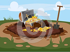 Treasure chest full of treasures, gold coins, Digging Hole in the ground,