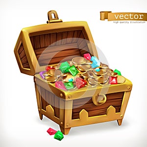 Treasure chest. Gems and gold coins. Vector icon photo
