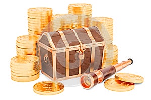 Treasure chest with gold coins and brass hand held telescope, 3D rendering