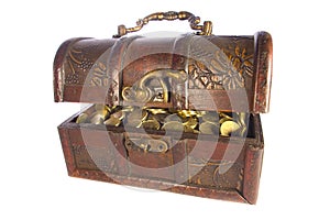 Treasure chest with gold coins isolated