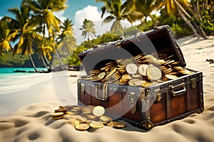 Treasure Chest Gold Coins on Tropical Beach