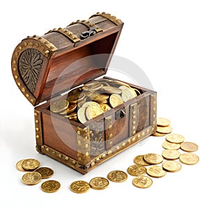Treasure chest with gold coins on white background photo