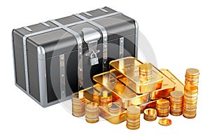 Treasure chest with golden coins and gold ingots, 3D rendering