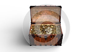 Treasure chest with golden coins, old wooden box full of gold isolated on white background, front view, 3D render