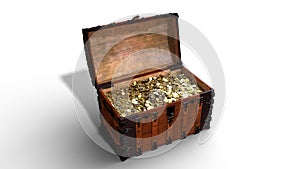 Treasure chest with golden coins, open old wooden box full of gold isolated on white background, 3D render