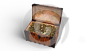 Treasure chest with golden coins, open vintage wooden box full of gold isolated on white background, 3D render