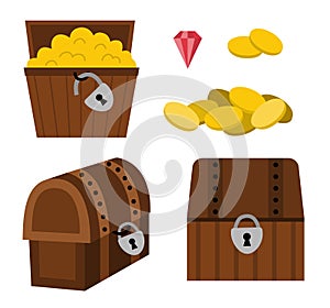 Treasure chest icon set. Pirate wooden coffers collection. Treasure island element isolated on white background. Old wood box