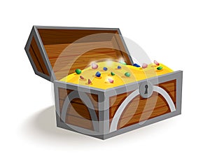 Treasure chest isometric cartoon. Wooden open box full of gold coins and jewels. Precious treasures, crystals, gems and