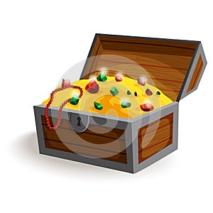 Treasure chest isometric cartoon. Wooden open box full of gold coins and jewels. Precious treasures, crystals, gems and