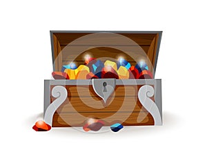 Treasure chest isometric cartoon. Wooden open box full of gold coins and jewels. Precious treasures, crystals, gems and