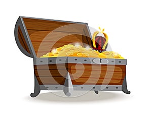 Treasure chest isometric cartoon. Wooden open box full of gold coins, jewels and royal crown. Precious treasures