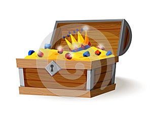 Treasure chest isometric cartoon. Wooden open box full of gold coins, jewels and royal crown. Precious treasures