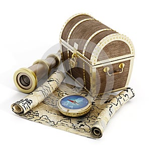Treasure chest, map, compass and looking glass