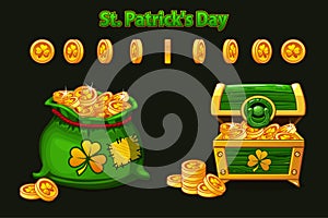 Treasure chest and money bag in green. Symbols for the feast of St. Patrick. Vctor Animation of a coin with clover for