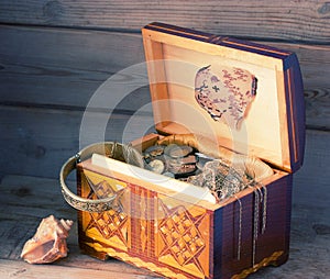 Treasure chest, old coins