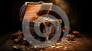 Treasure Chest, Open Ancient Trunk With Glowing Magic Lights In The Dark. Generative Ai