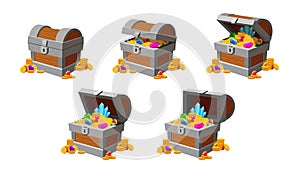 Treasure chest opening animation. Game money box with gold coins, diamonds and crystals. Cartoon closed and open pirate chests