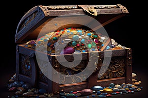 treasure chest overflowing with gemstones, gold coins and other riches