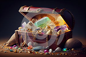 treasure chest overflowing with gemstones, gold coins and other riches