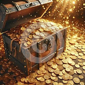 Treasure Chest Overflowing with Golden Coins in Magical Glowing Setting photo