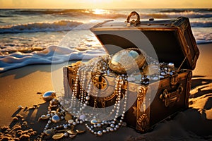 Treasure chest with pearl necklace on sand beach at sunset time. An open treasure chest full of gold and jewelry on the beach, AI