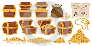 Treasure chest. Pirate wealth. Gold coins and diamonds. Corsair map. Opened and closed wooden containers. Ancient golden