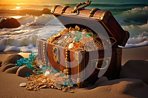 Treasure chest on the sand near the sea at sunset. Vintage style, An open treasure chest full of gold and jewelry on the beach, AI