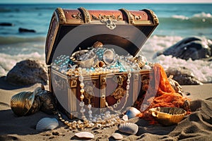 Treasure chest on the sand with sea shells and stones, closeup, An open treasure chest filled with gold and jewelry on the beach,