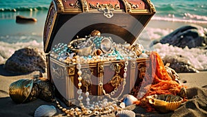 Treasure chest on the sand with sea shells and stones, closeup, An open treasure chest filled with gold and jewelry on the beach,