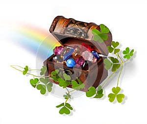 Treasure chest, shamrock branches and rainbow