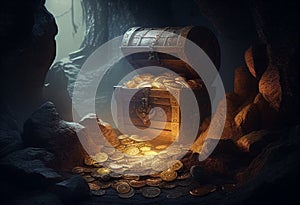 A treasure chest stands on a mountain of coins in a cave. AI Generated