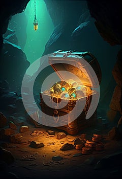 A treasure chest stands on a mountain of coins in a cave. AI Generated
