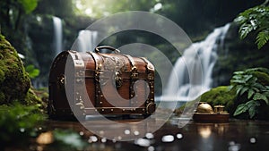 treasure chest Steam punk waterfall of adventure, with a landscape