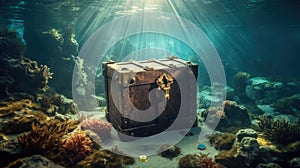 Treasure chest underwater in ocean. Generative Ai