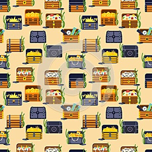 Treasure chest vector seamless pattern illustration.