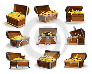 Treasure chests isometric cartoon set. Collection of wooden open boxes full of gold coins and jewels and royal crown