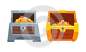 Treasure Chests Set, Opened Antique Chest Full of Gold and Precious Stones Cartoon Vector Illustration