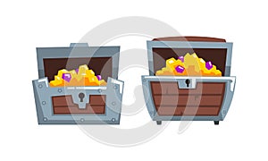 Treasure Chests Set, Opened Wooden Old Chest Full of Gold and Precious Stones Cartoon Vector Illustration