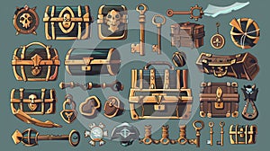 Treasure chests and skeleton keys, level bonus, pirate loot, fantasy assets elements, personalized modern illustration